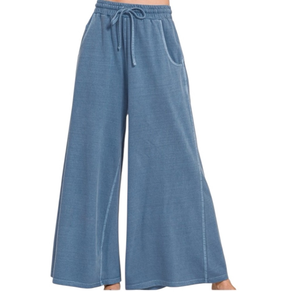 Zenana Women's Wide Leg Teal Pants with Elastic Waist Drawstring